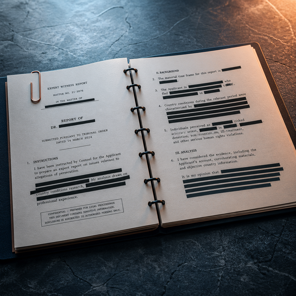 Ring-bound tribunal brief on a cool stone desk