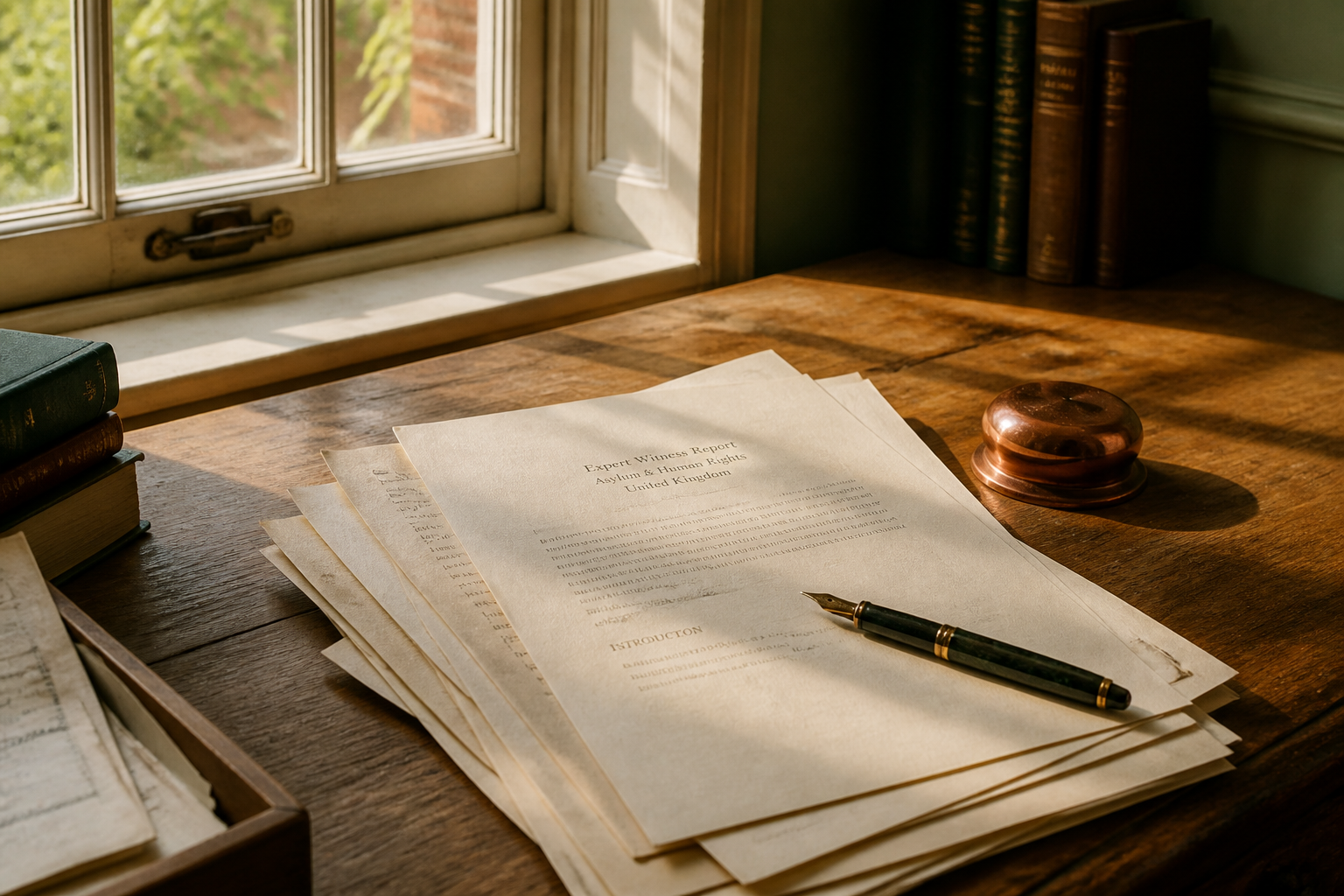 Sunlit desk with parchment papers and a fountain pen